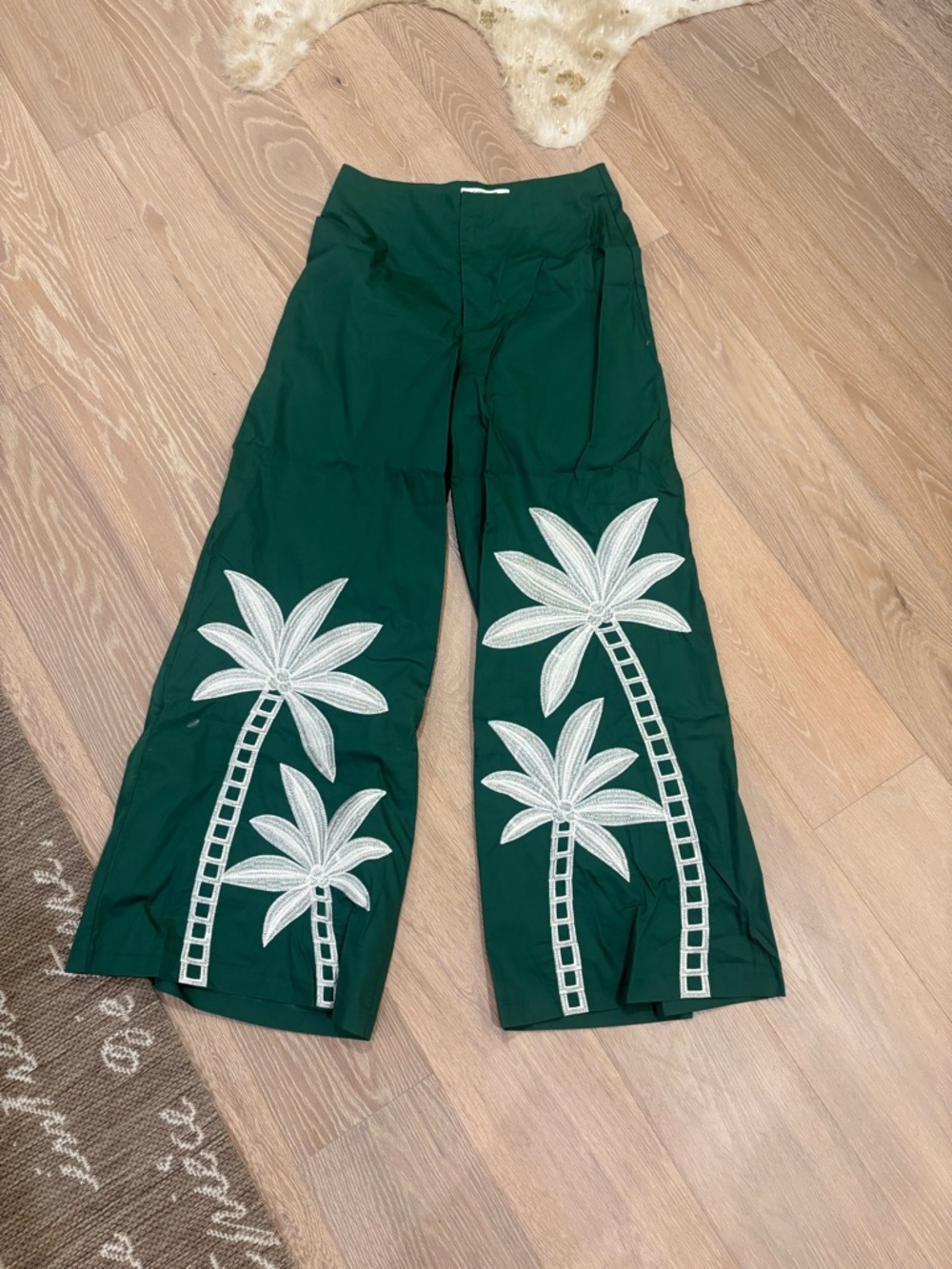 Womens Wide-Leg Green Palm-Print Pants